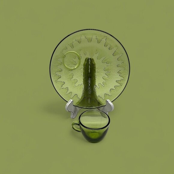 Vintage Sunburst Green by Indiana Glass Snack Plate & Cup Set Textured USA MCM - Picture 3 of 16